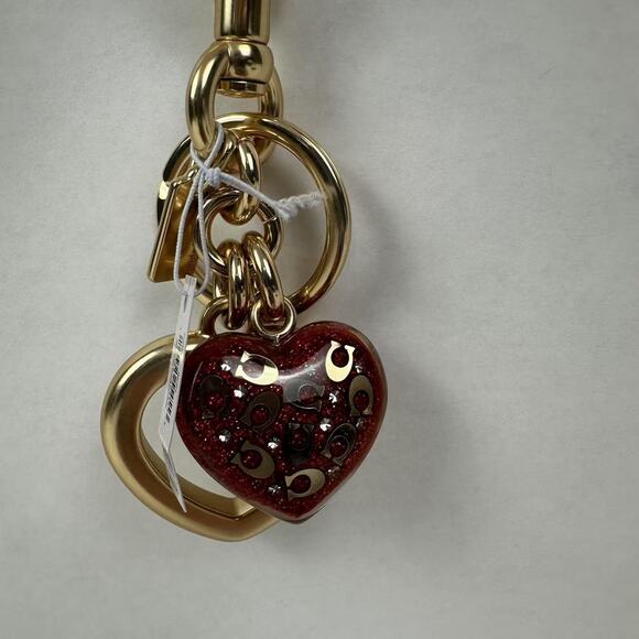 Coach Signature C Heart Bag Charm Keychain Key Fob Gold / Red CW488 NWT - Picture 3 of 5